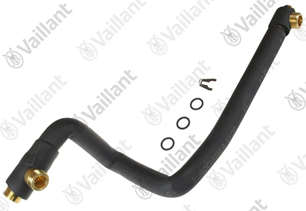 Schwarzes Rohr mit zwei Messinganschlüssen, O-Ringen und einer Halterung. Das Produkt gehört zur Marke Vaillant.